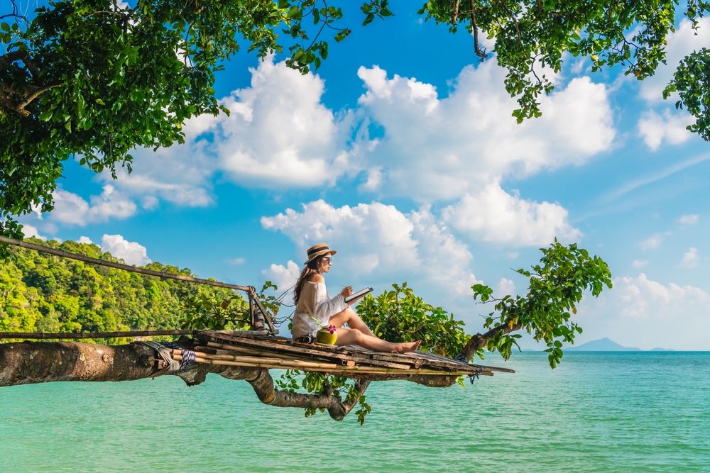 Traveler,Woman,On,Tree,Branch,Using,Tablet,Joy,Nature,Scenic