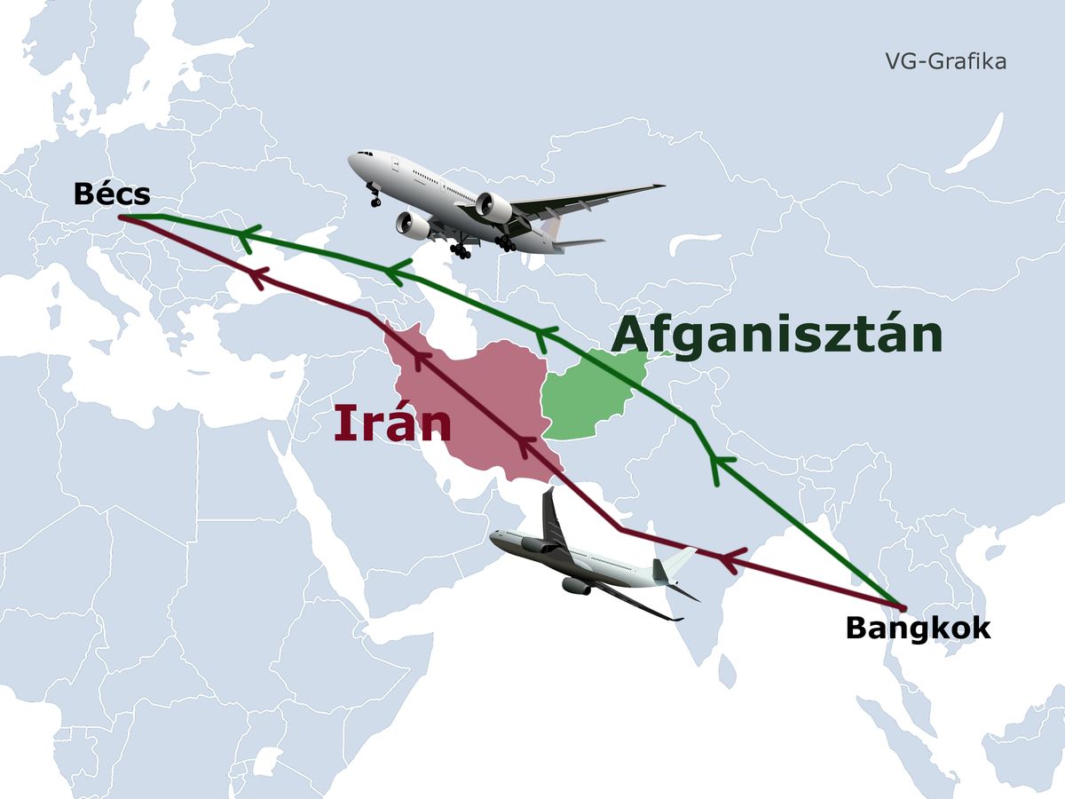 légi, útovonal, afganisztán, irán, bangkok, bécs, saját grafika