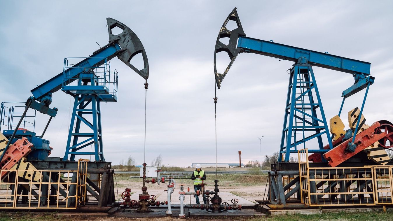 Oil pumps, nodding donkey or pump jack and rig against blue cloudy sky. Engineer in protective uniform working in between