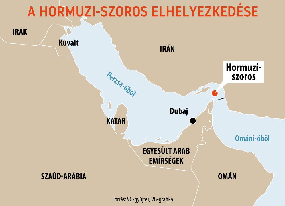 A Hormuzi-szoros elhelyezkedése
