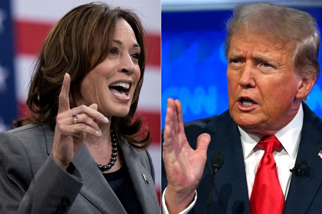 (FILES) (COMBO) This combination of file pictures created on August 3, 2024 shows US Vice President and 2024 Democratic presidential candidate Kamala Harris speaking on March 26, 2024, in Raleigh, North Carolina; and former US President and Republican presidential candidate Donald Trump speaking  in the first presidential debate with US President Joe Biden in Atlanta, Georgia, on June 27, 2024. ABC will host a presidential debate between Republican nominee Donald Trump and Democrat Kamala Harris on September 10, the US television network confirmed on August 8, 2024. (Photo by Brendan Smialowski and ANDREW CABALLERO-REYNOLDS / AFP)