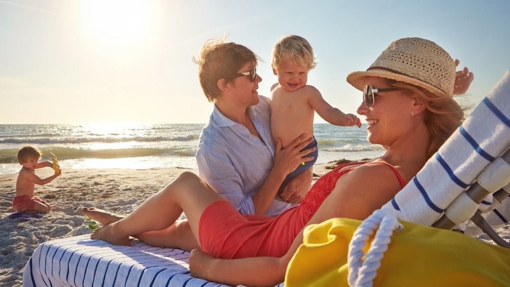 Chair,,Sunset,Or,Family,With,Woman,At,Beach,On,Holiday