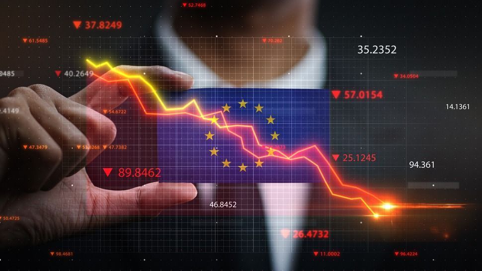 Graph,Falling,Down,In,Front,Of,European,Flag.,Crisis,Concept