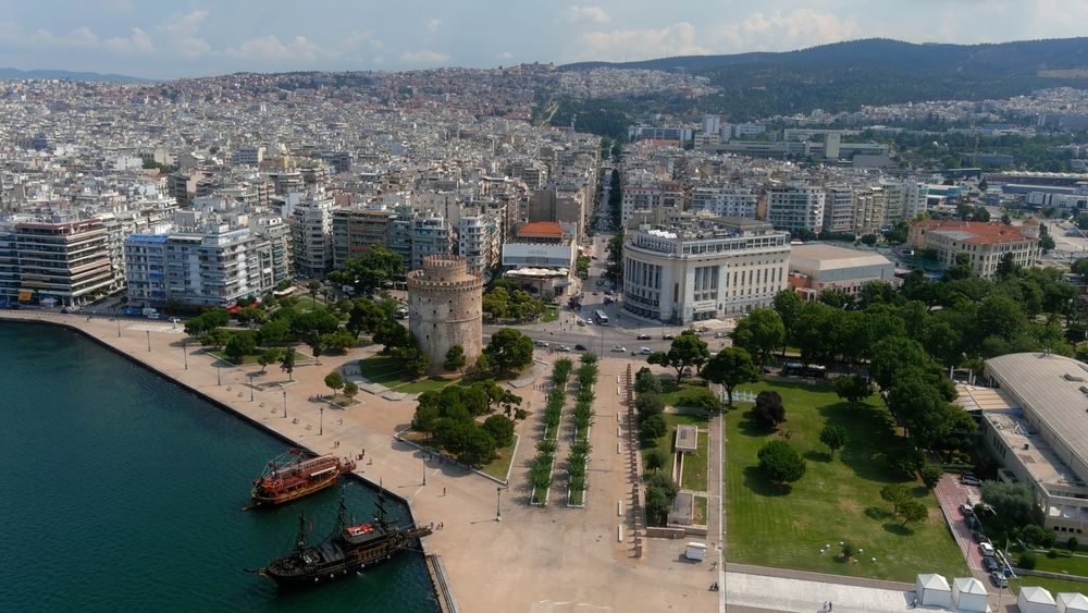 Aerial,View,Over,Thessaloniki,City,Shorline,,Greece,,2022,Drone,View