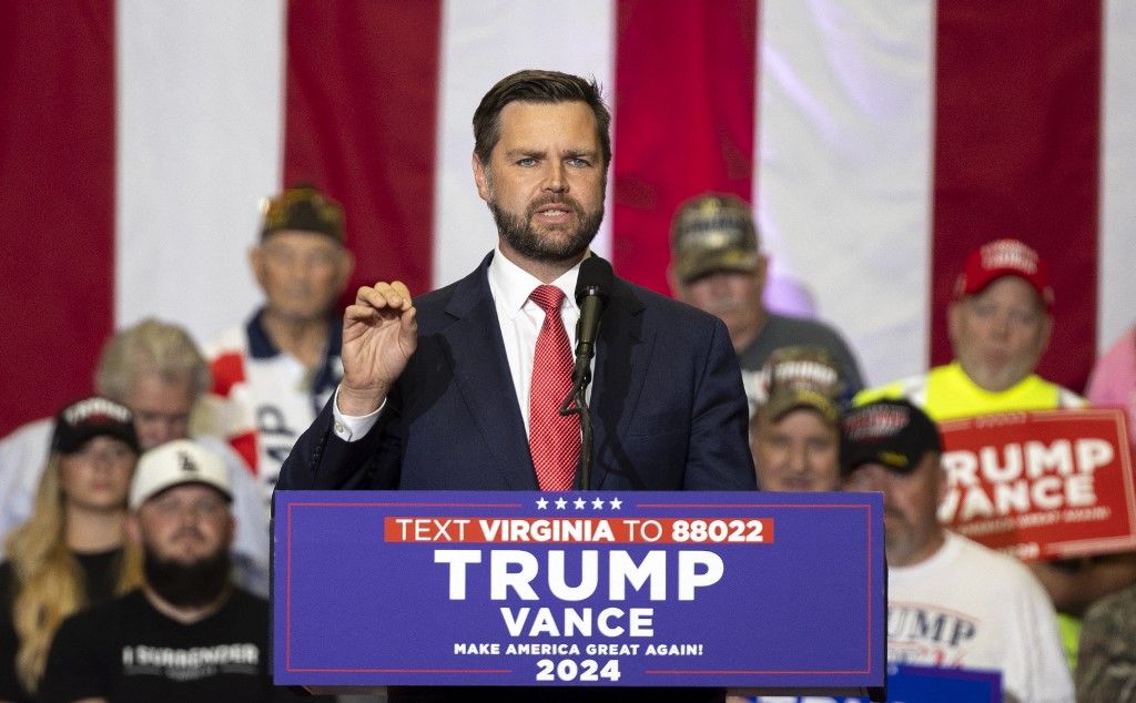 US Senator and Republican Vice Presidential nominee, J.D. Vance addresses a crowd of supporters during a campaign event inside the Dedmon Center at Radford University in Radford, Virginia, on July 22, 2024. (Photo by Logan Cyrus / AFP)