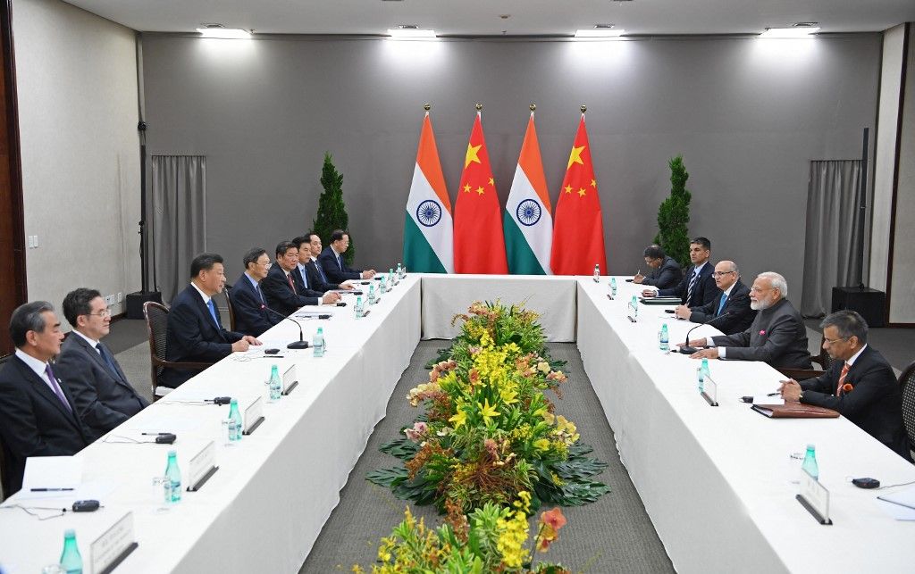 (191113) -- BRASILIA, Nov. 13, 2019 (Xinhua) -- Chinese President Xi Jinping meets with Indian Prime Minister Narendra Modi in Brasilia, Brazil, Nov. 13, 2019. (Xinhua/Zhang Ling) (Photo by Zhang Ling / XINHUA / Xinhua via AFP)