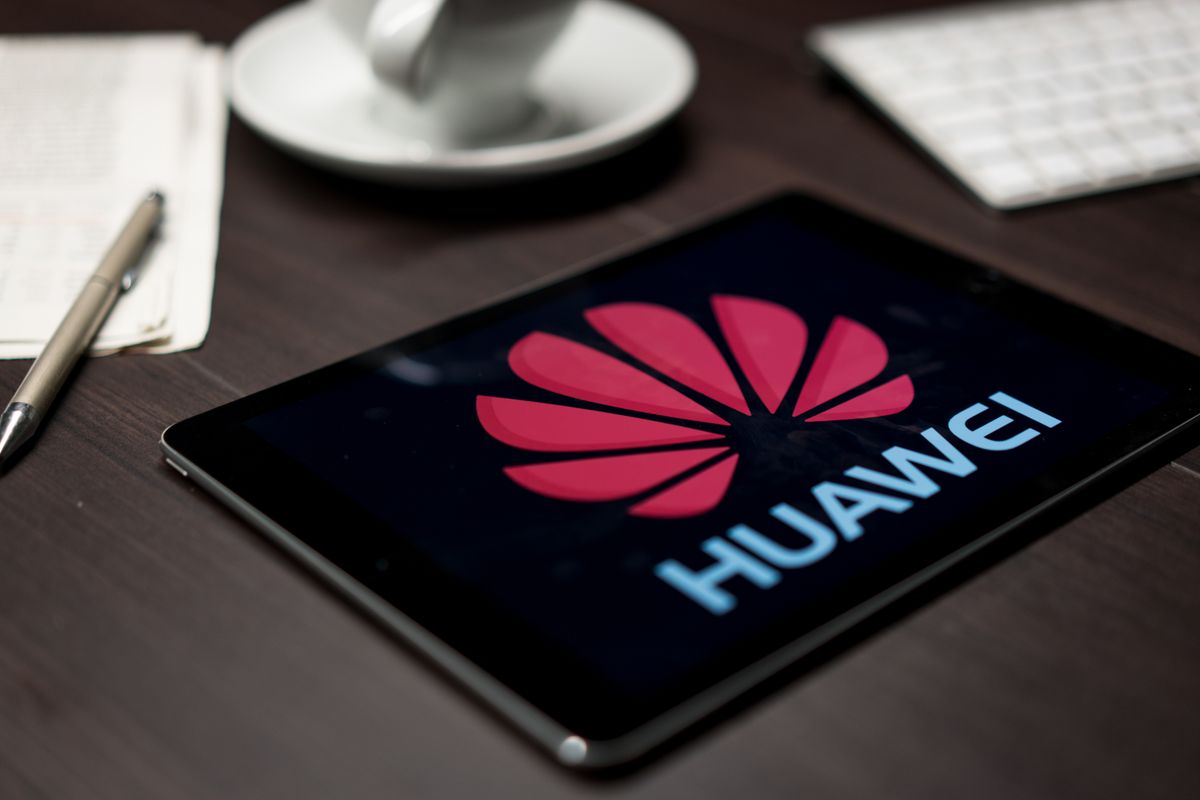 New York, New York / USA - 11 11 2019: Logo of Huawei on the iPad Air2 in on office desk