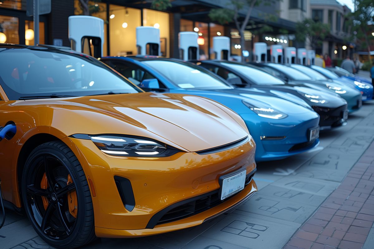 Row of electric vehicles parked with headlights on, hoods aligned, elektromos