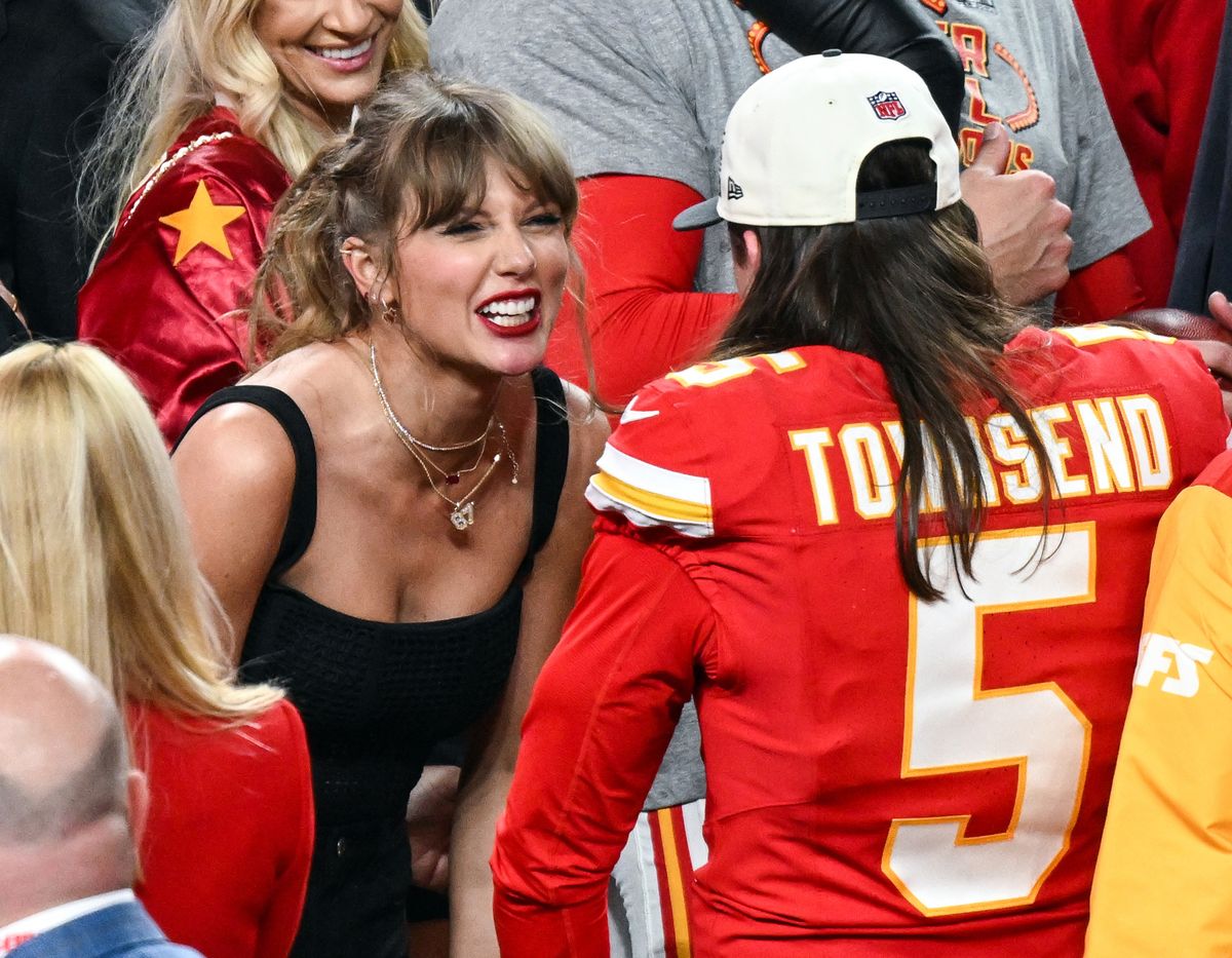 Tommy Townsend of Kansas City Chiefs with Taylor Swift following his sides Super Bowl LVIII victory against the San Francisco 49ers at the Allegiant Stadium, Las Vegas, Nevada, USA. Picture date: Sunday February 11, 2024.