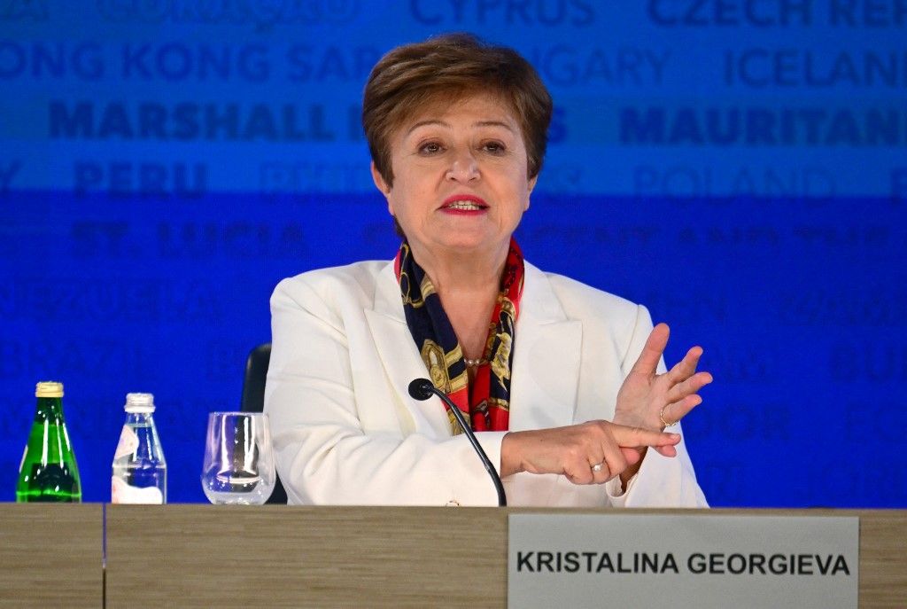 IMF Managing Director Kristalina Georgieva attends a briefing about the International Monetary and Financial Committee (IMFC) during the IMF-World Bank Group spring meetings at IMF headquarters in Washington, DC, on April 19, 2024. (Photo by Jim WATSON / AFP)