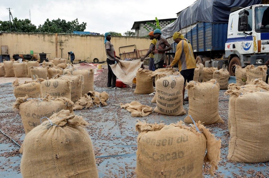 People fill bags with cacao beans at a cocoa exporter's in Abidjan, on July 3, 2019. In June key producers Ivory Coast and Ghana threatened to stop selling their production to buyers unwilling to meet a minimum price of $2,600 per tonne.
The two African nations -- which together account for 60 percent of the world's cocoa production -- want to end a situation where cocoa producers make only $6 billion in a global chocolate market worth around $100 billion. (Photo by Sia KAMBOU / AFP)