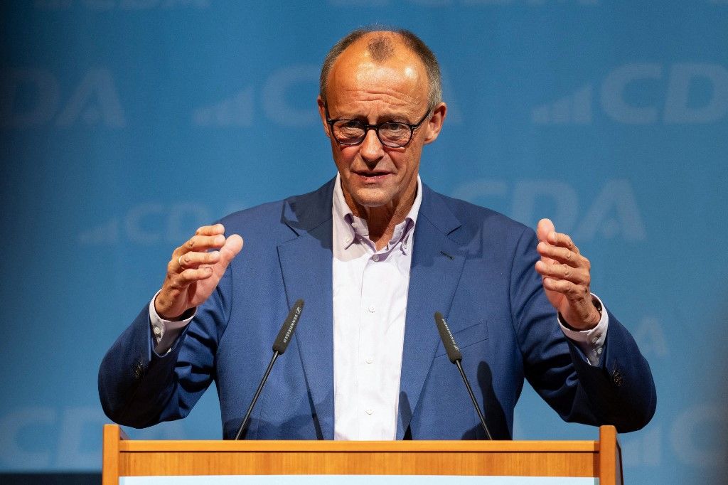 14 September 2024, Thuringia, Weimar: Friedrich Merz, Federal Chairman of the CDU, speaks at the 40th Federal Conference of the Christian Democratic Workers' Union (CDA) at the congress centrum weimarhalle in Weimar. Photo: Jacob Schröter/dpa (Photo by Jacob Schröter / DPA / dpa Picture-Alliance via AFP)