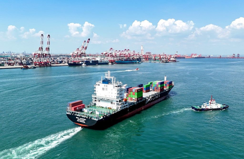 QINGDAO, CHINA - AUGUST 30, 2023 - The Sinolines ship leaves Qingdao Port in Qingdao, Shandong province, China, Aug 30, 2023. Since the beginning of this year, the port of Qingdao in Shandong Province has added 10 new routes along the Belt and Road, and the container volume in the Middle East, Africa, India and Pakistan and other Belt and Road countries and regions has maintained double-digit growth. (Photo by Costfoto/NurPhoto) (Photo by CFOTO / NurPhoto / NurPhoto via AFP)