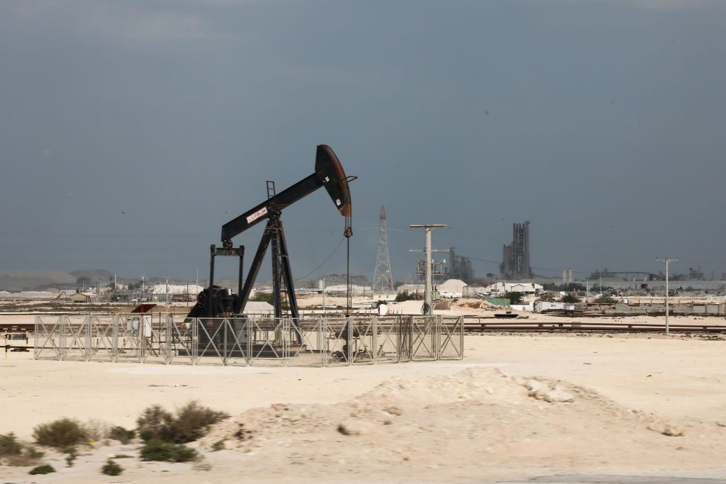 A view of an oil well at Arab Desert in Jebel Dukhan, Bahrain on March 4, 2024. (Photo by Jakub Porzycki/NurPhoto)