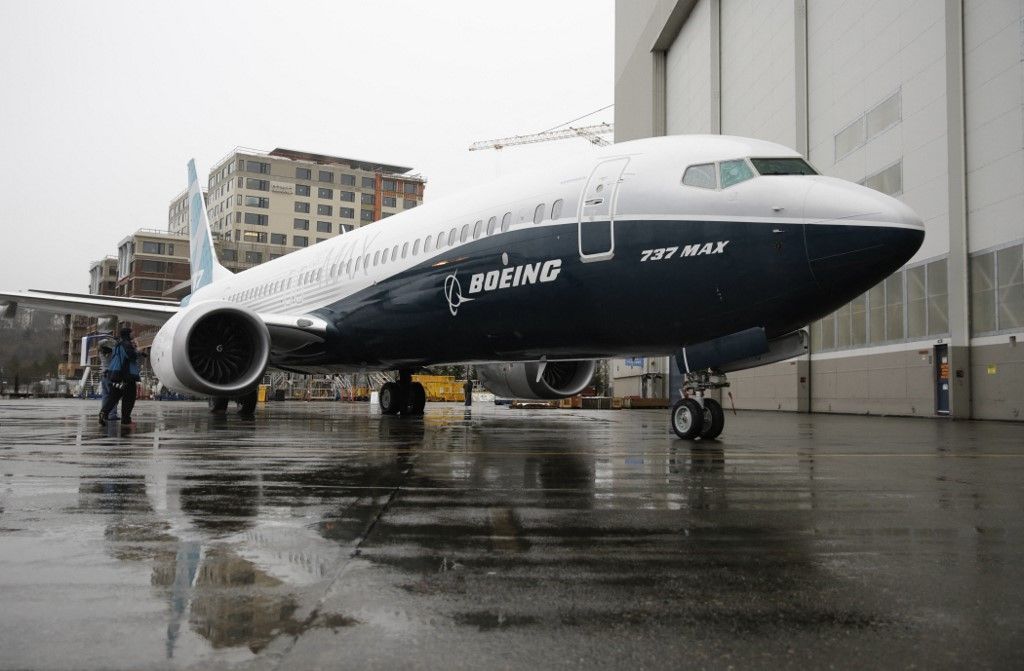 The first Boeing 737 MAX 9 airplane is pictured during its rollout for media at the Boeing factory in Renton, Washington on March 7, 2017. (Photo by Jason Redmond / AFP)