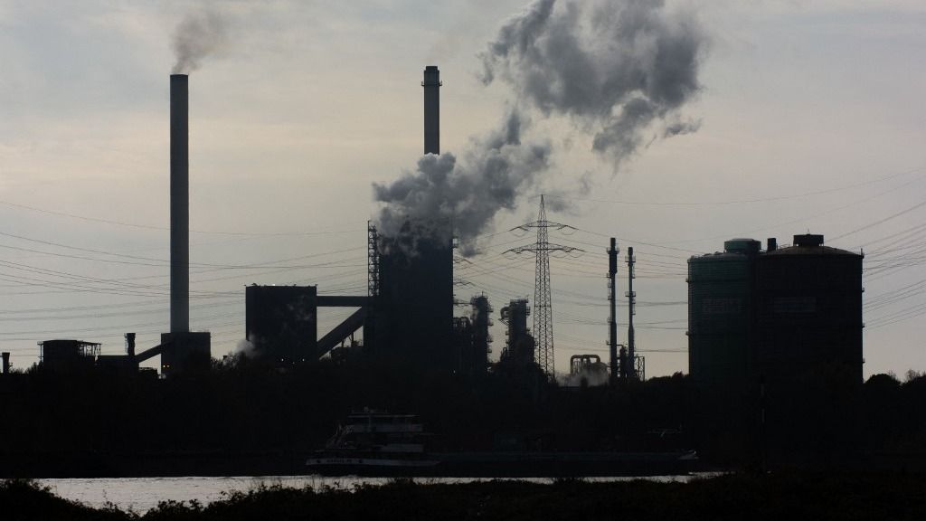 general view of Thyssenkrupp Steel Europe are seen over rhine river in Duisburg, Germany on Oct 12, 2022 (Photo by Ying Tang/NurPhoto) (Photo by Ying Tang / NurPhoto / NurPhoto via AFP)