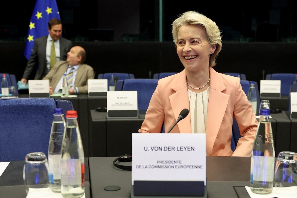 European Commission President Ursula von der Leyen arrives for the Parliament's Conference of Presidents, as part of a plenary session at the European Parliament in Strasbourg, eastern France, on September 17, 2024. (Photo by FREDERICK FLORIN / AFP)