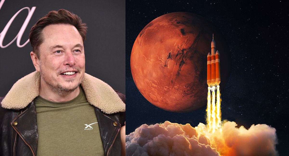 Spacecraft,Takes,Off,Into,Space.,Rocket,Flies,To,Mars.,Red, Musk, SpaceX