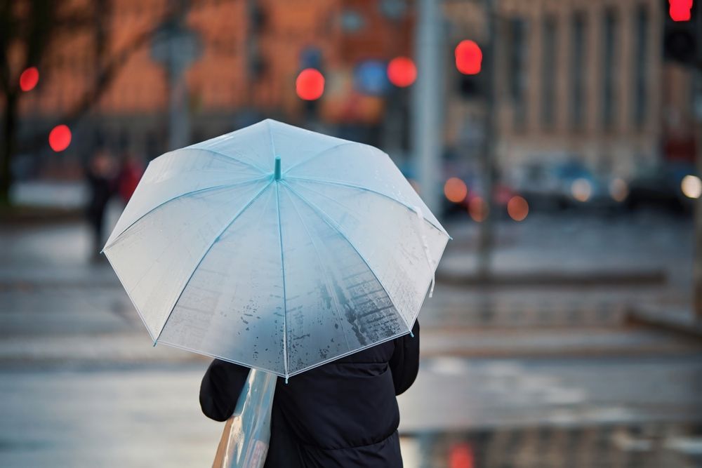 Woman,With,White,Umbrella,Waiting,Signal,For,Cross,Walk,During
eső