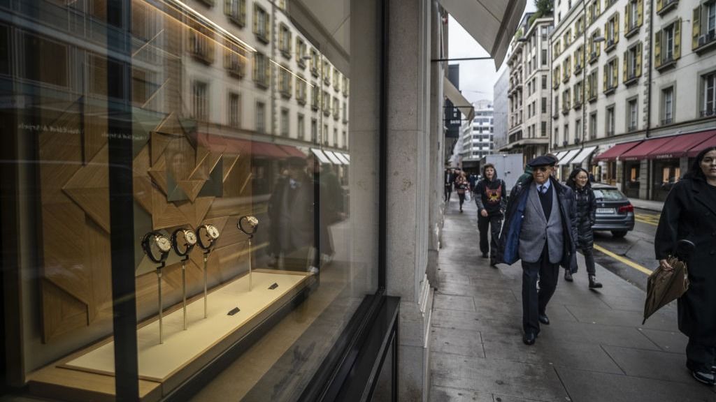 A Jaeger-LeCoultre SA luxury watch store in Geneva, Switzerland, on Tuesday, Nov. 7, 2023. The Swiss franc has gained about 3% against both the euro and dollar this year — a big headwind for companies like Cartier owner Richemont and industrial conglomerate ABB Ltd., which generate the majority of revenues overseas. Photographer: Jose Cendon/Bloomberg