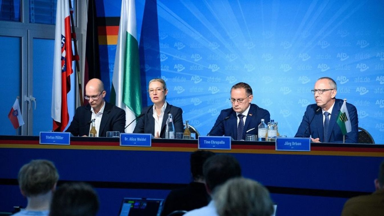 02 September 2024, Berlin: Alice Weidel (2nd from left) and Tino Chrupalla (2nd from right), the federal chairmen of the AfD, together with the AfD state chairmen Stefan Möller (left, Thuringia) and Jörg Urban (right, Saxony), comment on the results of the state elections in Saxony and Thuringia at a press conference at the AfD federal office. Photo: Bernd von Jutrczenka/dpa (Photo by BERND VON JUTRCZENKA / DPA / dpa Picture-Alliance via AFP)