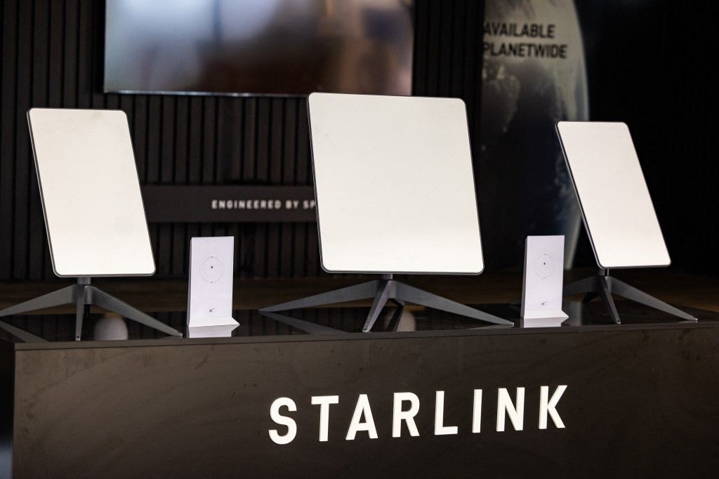 Starlink satellite antennas are seen at the Internationale Funkausstellung (IFA), the international trade show for consumer electronics and home appliances, on August 31, 2023 during a preview at the fair grounds in Berlin. Starlink is a satellite internet provider operated by Elon Musk's American aerospace company SpaceX. This year's IFA edition will be open to the public from September 1 to 5, 2023. (Photo by Odd ANDERSEN / AFP), musk