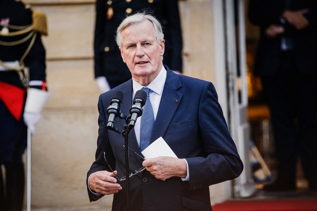 France's Prime Minister Michel Barnier at the handover ceremony to the new Prime Minister in the courtyard of the Hotel de Matignon in Paris, France on September 5, 2024. (Photo by Amaury Cornu / Hans Lucas / Hans Lucas via AFP)
Marine Le Pen