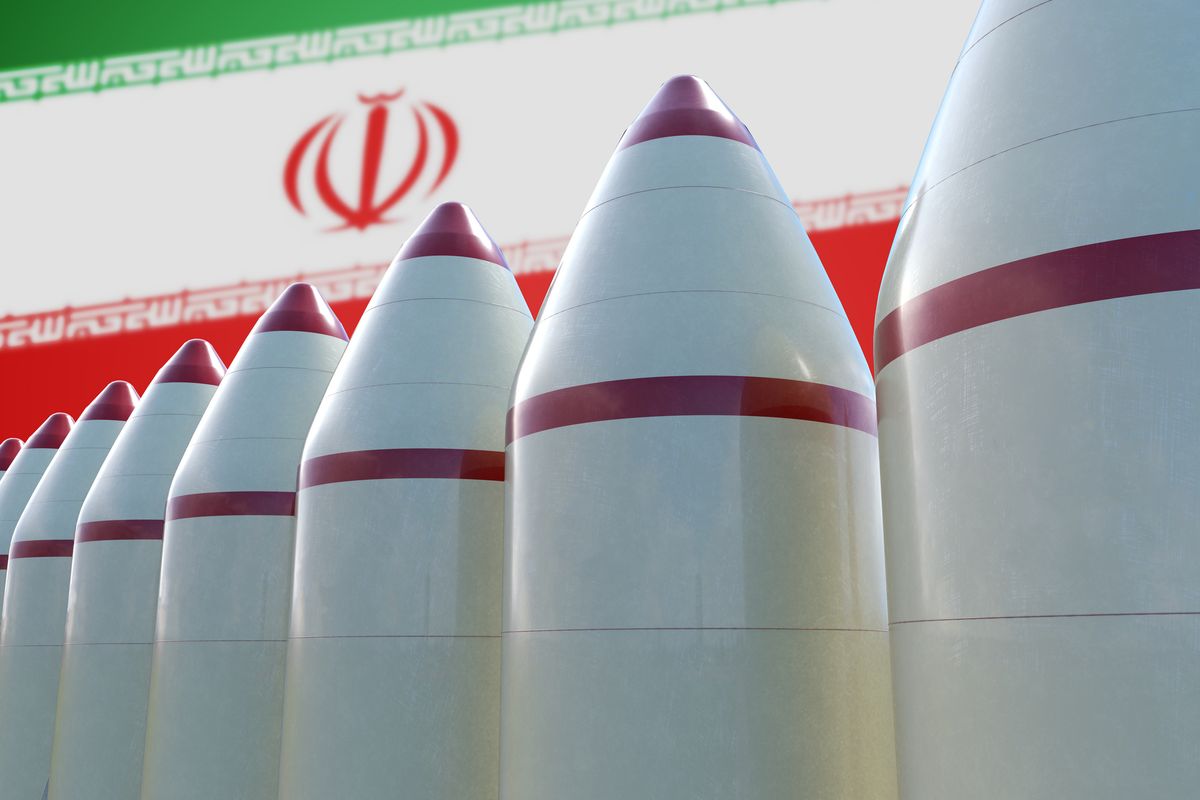 Many missiles ready for launch. Iran flag in background. 3D rendered illustration.irán