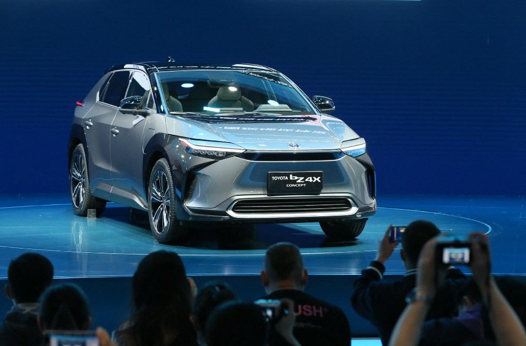 Toyota Motor Corp. unveils SUV EV bZ4X during Media Day of Auto Shanghai 2021, The 19th International Automobile Industry Exhibition, in Shanghai on April 19, 2021. Auto Shanghai 2021 will be held in April 21-28, 2021. ( The Yomiuri Shimbun ) (Photo by Koki Ktaoka / Yomiuri / The Yomiuri Shimbun via AFP)