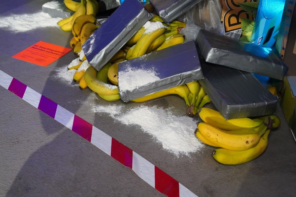 ILLUSTRATION - 29 April 2024, Hamburg: Silver-gray packages and white powder, meant to represent cocaine, lie next to bananas and banana crates during the launch of the awareness campaign for port employees in the fight against international drug crime. The security authorities presented the new awareness campaign on Monday. Photo: Marcus Brandt/dpa (Photo by MARCUS BRANDT / DPA / dpa Picture-Alliance via AFP) kokain