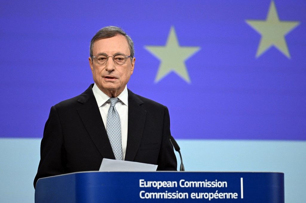 BRUSSELS, BELGIUM - SEPTEMBER 09: Former Prime Minister of Italy, Mario Draghi and President of the European Commission Ursula von der Leyen (not seen) hold a press conference in Brussels, Belgium on September 09, 2024. Dursun Aydemir / Anadolu (Photo by Dursun Aydemir / ANADOLU / Anadolu via AFP)