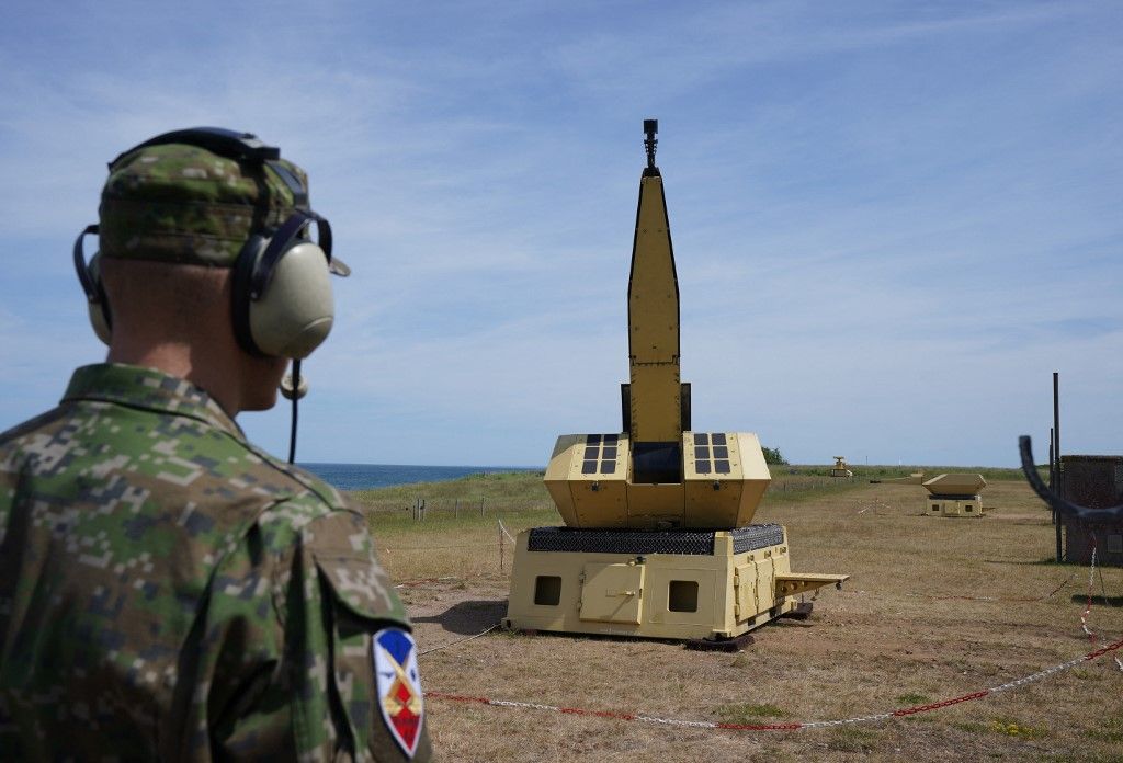 Air Force trains Slovak soldiers on air defense system 31 May 2023, Schleswig-Holstein, Todendorf: Guns of the Mantis (Modular, Automatic and Network Capable Targeting and Interception System) air defense weapon system stand at the Todendorf training area. Until the end of June, the Air Force is training soldiers from Slovakia on the Mantis air defense weapon system. According to the Air Force, the training of the 44 Slovakian soldiers serves to further strengthen NATO's eastern flank. The system can be used to protect facilities and infrastructure from rocket and artillery fire as well as mortars. Photo: Marcus Brandt/dpa (Photo by MARCUS BRANDT / DPA / dpa Picture-Alliance via AFP)