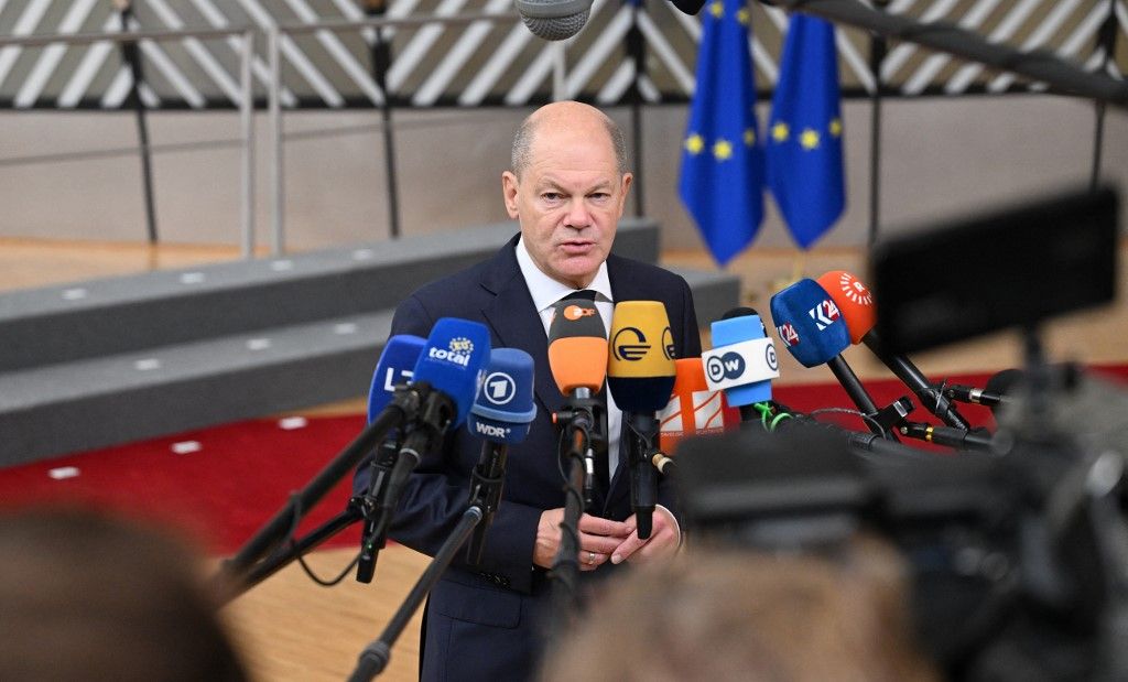 EU Leaders Summit in Brussels
BRUSSELS, BELGIUM - OCTOBER 17: German Chancellor Olaf Scholz makes a press statement before the EU Leaders Summit in Brussels, Belgium on October 17, 2024. Dursun Aydemir / Anadolu (Photo by Dursun Aydemir / ANADOLU / Anadolu via AFP)