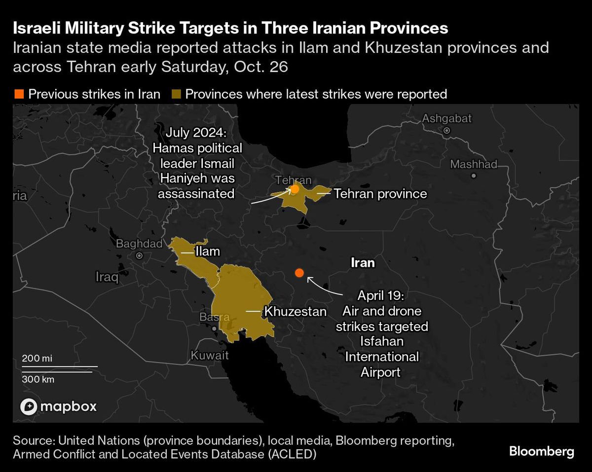 Israeli Military Strike Targets in Three Iranian Provinces | Iranian state media reported attacks in Ilam and Khuzestan provinces and across Tehran early Saturday, Oct. 26