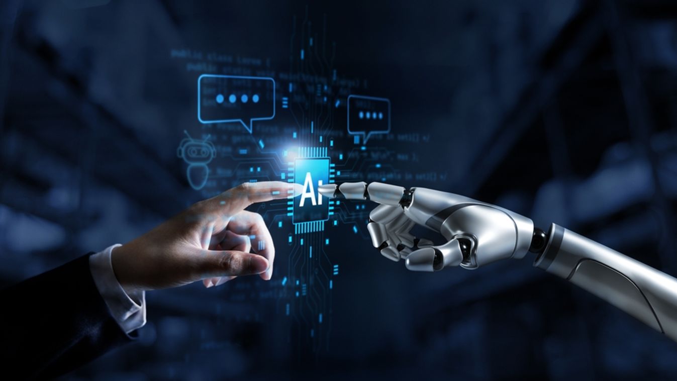 Hands,Of,Robot,And,Human,Connect,Artificial,Intelligence,Ai,Circuit, mesteréges intelligencia, mesterséges, MI