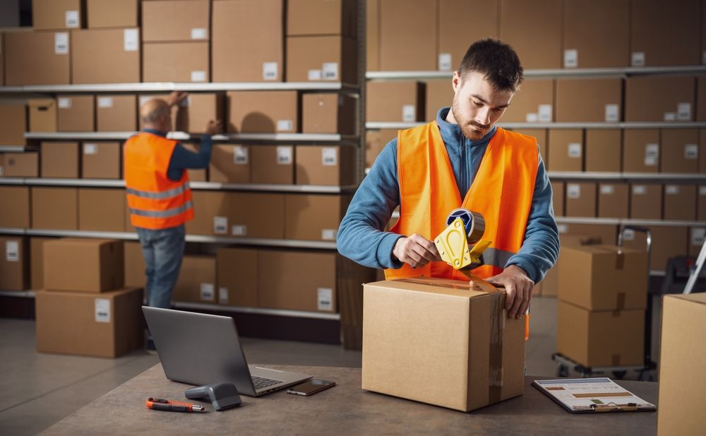 Warehouse,Worker,Sealing,A,Delivery,Box,Using,A,Tape,Dispenser