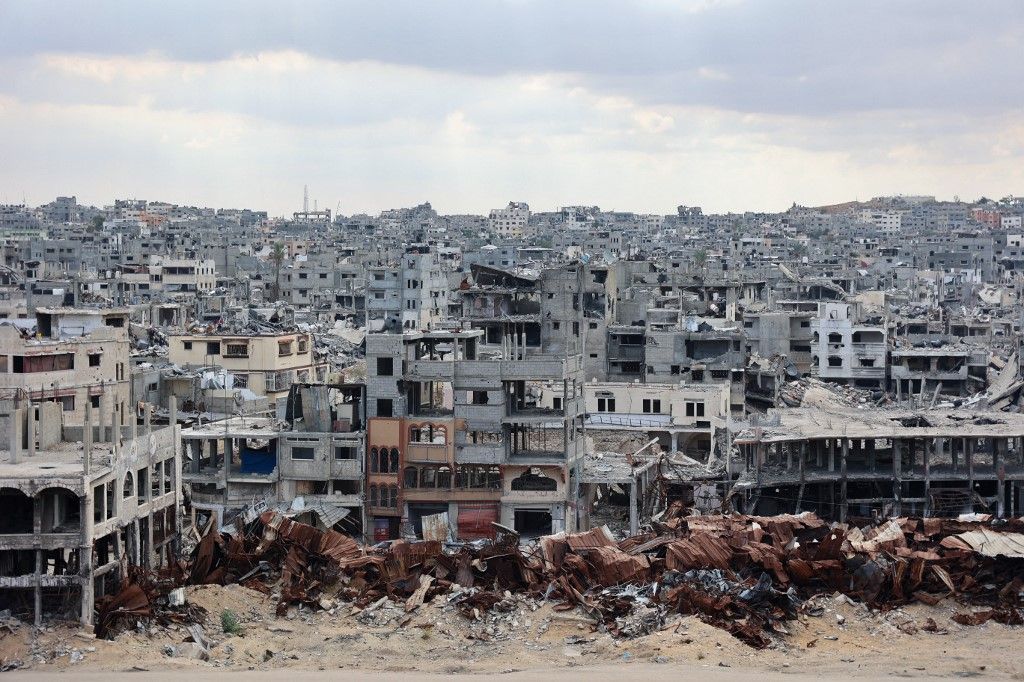 A picture shows a view of the destruction in the Shujaiya neighbourhood of Gaza City on October 7, 2024, on the first anniversary of the ongoing war in the Gaza Strip between Israel and the Palestinian Hamas group. (Photo by Omar AL-QATTAA / AFP)