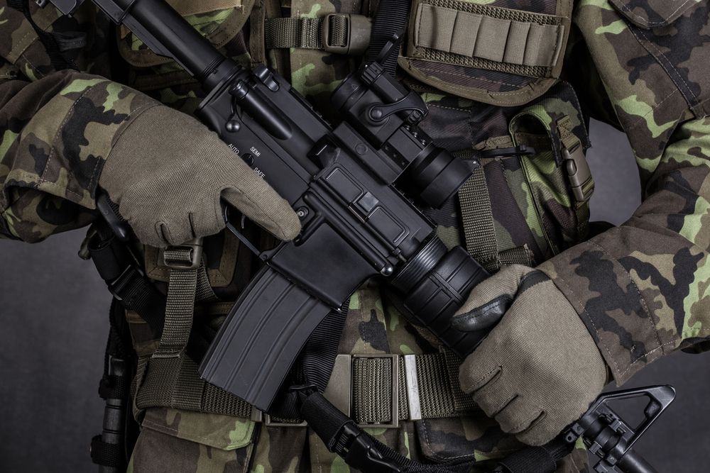 Close-up,Of,A,Soldier,Holding,Modern,Weapon,M4,Carbine