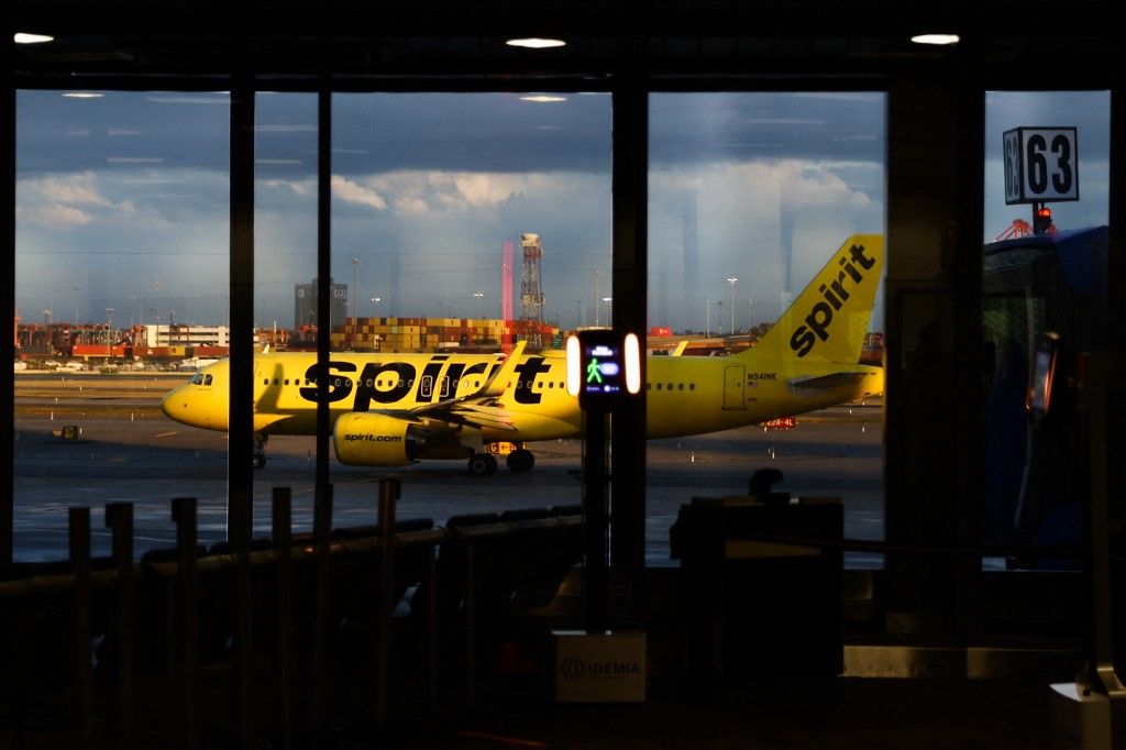 New York City Economy
Spirit airplane is seen at the Newark Liberty International Airport in Newark, United States on October 26, 2022. (Photo by Jakub Porzycki/NurPhoto) (Photo by Jakub Porzycki / NurPhoto / NurPhoto via AFP)