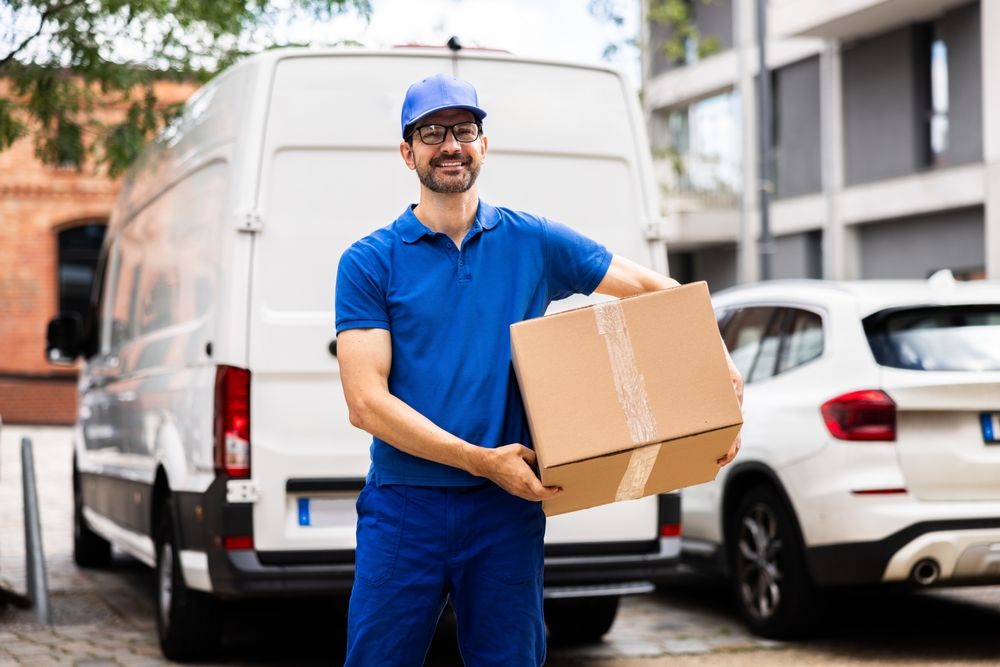 Experienced,Delivery,Man,Jovially,Moving,Cardboard,Boxes,By,Delivery,Van-illustrates