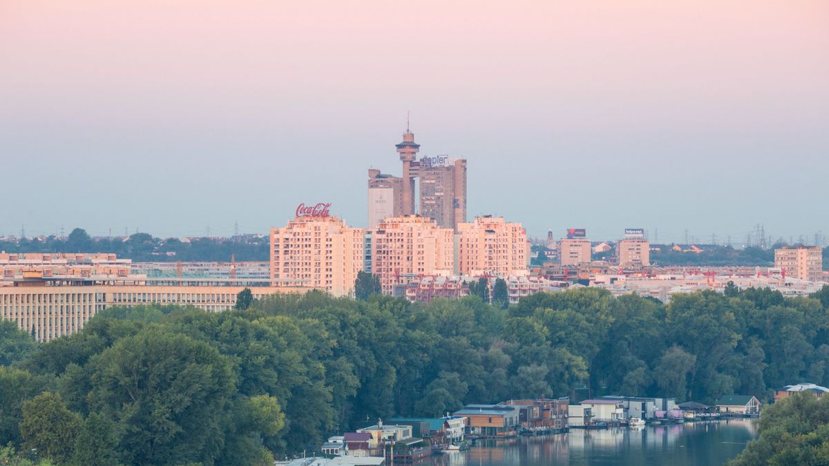 Serbia, Belgrade, View of the confluence of the Sava and Danube rivers with Genex tower in distance  balkán