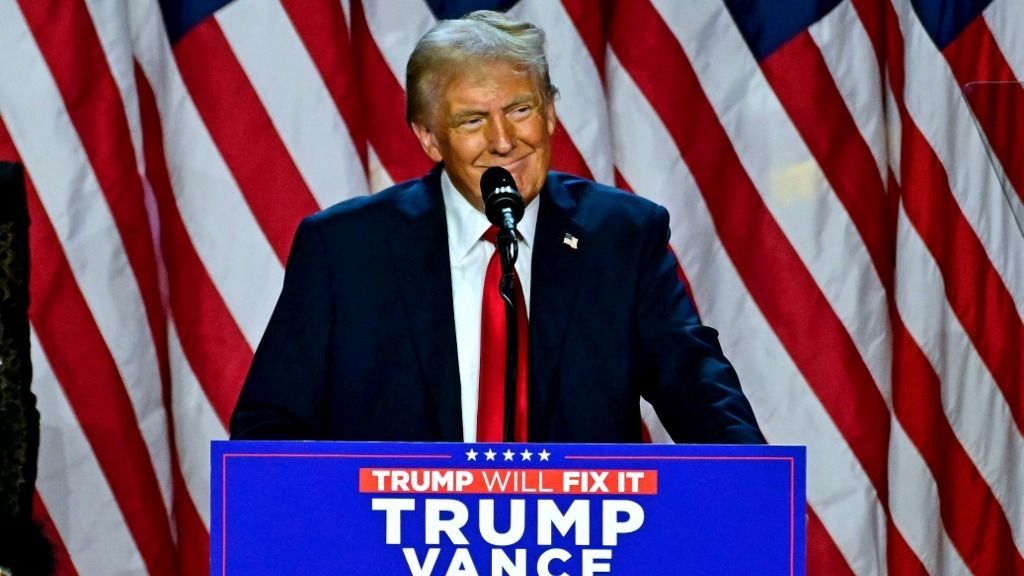 Former US President and Republican presidential candidate Donald Trump speaks during an election night event at the West Palm Beach Convention Center in West Palm Beach, Florida, on November 6, 2024. Republican former president Donald Trump closed in on a new term in the White House early November 6, 2024, just needing a handful of electoral votes to defeat Democratic Vice President Kamala Harris. (Photo by Jim WATSON / AFP) Donald Trump