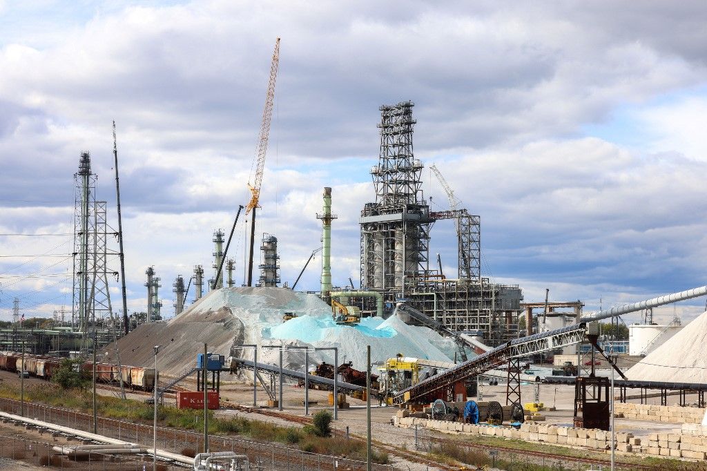 Part of the Marathon refinery is photographed in Detroit, Michigan, on October 14, 2024. (Photo by Charly TRIBALLEAU / AFP)