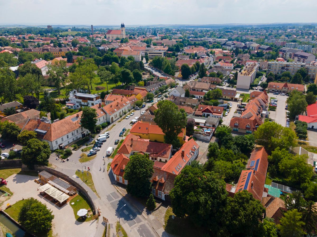 Aerial view, city of Tata, Totis, Lake Oereg, Komarom-Esztergom, Central Transdanubia, Hungary