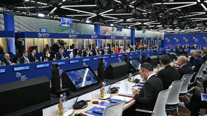 Az Európai Politikai Közösség (EPC) budapesti tanácskozása a Puskás Arénában 2024. november 7-én.