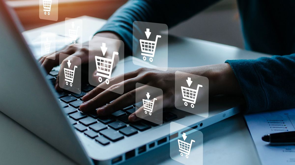 Shopping Online. woman hand online shopping on laptop computer with virtual graphic icon diagram on desk, payment online, digital marketing, business finance, internet network technology concept