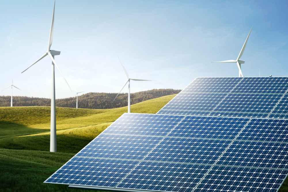 Solar,Panels,And,Wind,Turbines,In,A,Green,Field.,Renewable, met csoport