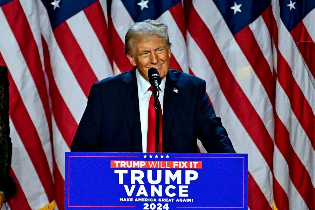 Former US President and Republican presidential candidate Donald Trump speaks during an election night event at the West Palm Beach Convention Center in West Palm Beach, Florida, on November 6, 2024. Republican former president Donald Trump closed in on a new term in the White House early November 6, 2024, just needing a handful of electoral votes to defeat Democratic Vice President Kamala Harris. (Photo by Jim WATSON / AFP) Donald Trump