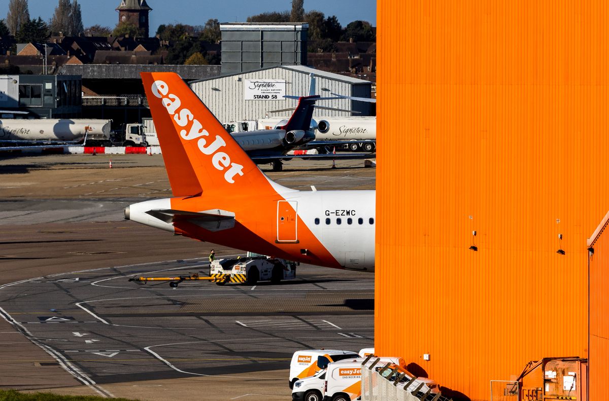 An EasyJet passenger jet at London Luton Airport