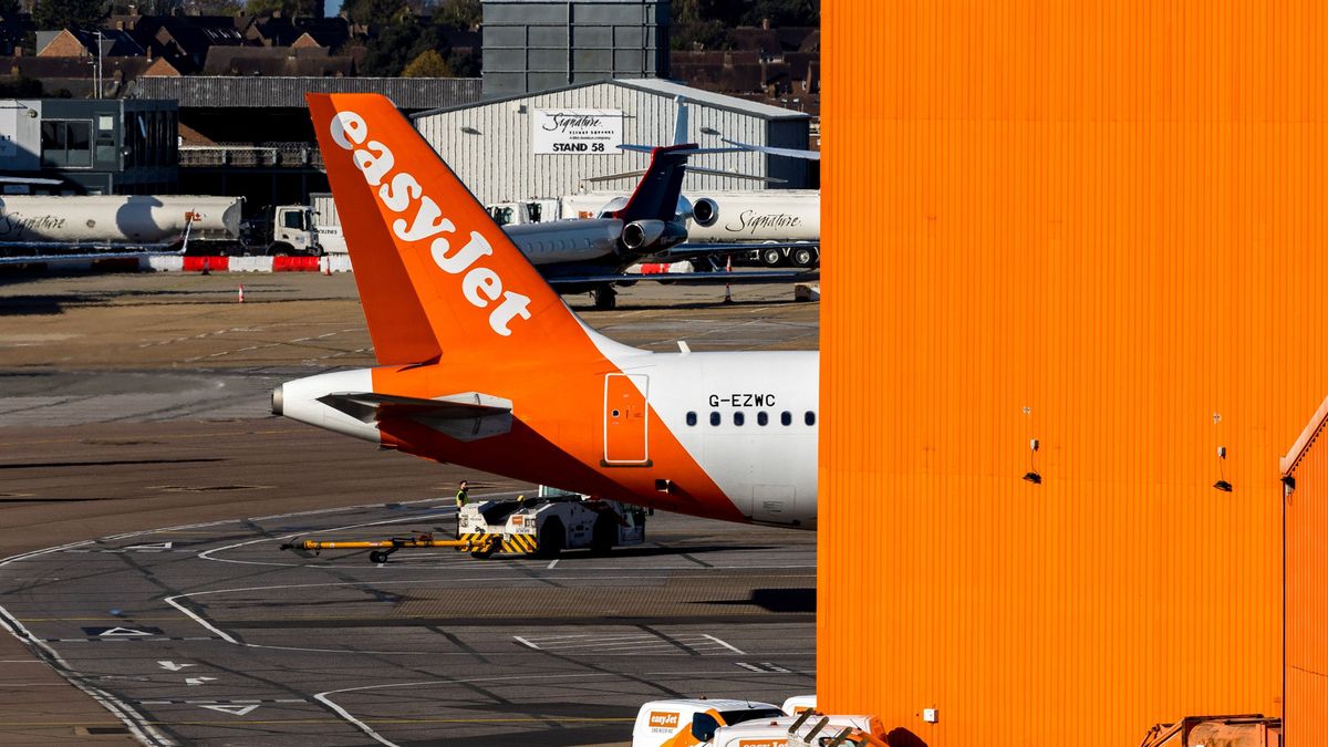 An EasyJet passenger jet at London Luton Airport